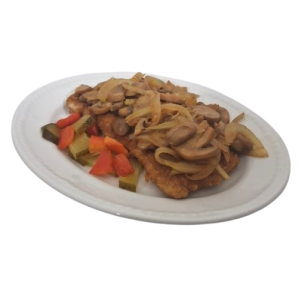 Varkenschnitzel met champignons en uien