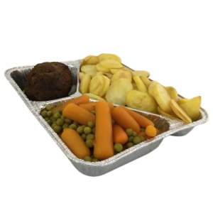 Aardappels, wortels, doperwten en bal gehakt